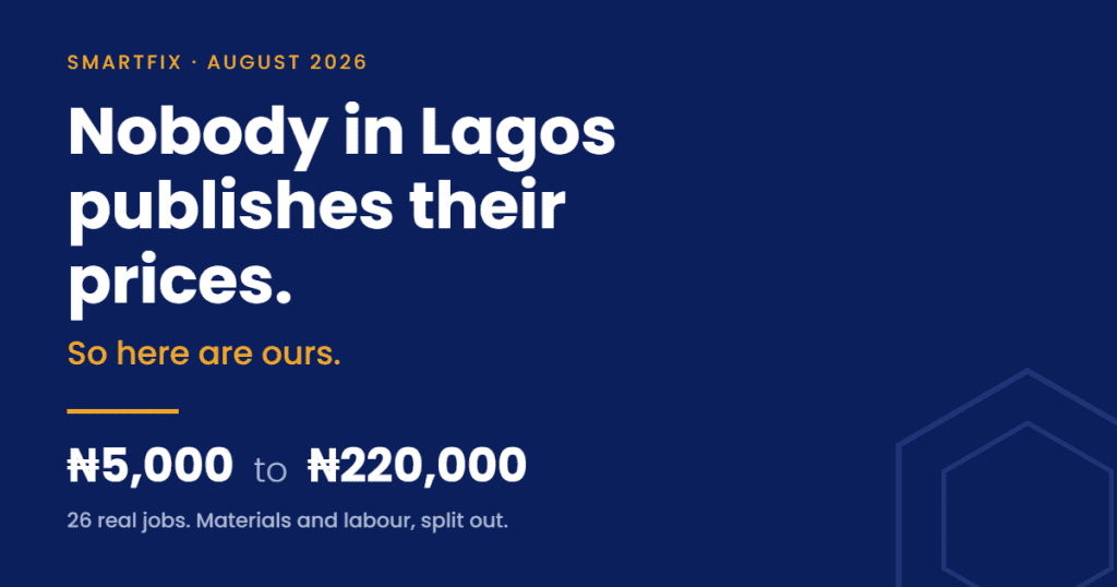 SmartFix cover image reading: Nobody in Lagos publishes their prices. So here are ours. Naira 5,000 to Naira 220,000.